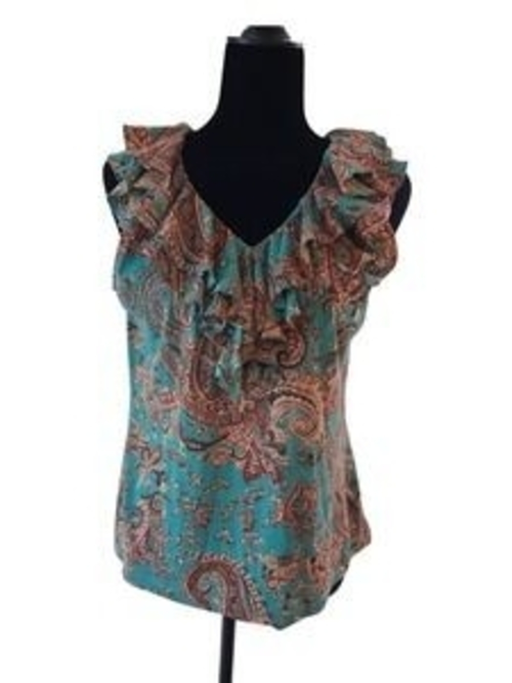 Lauren Ralph Lauren Women’s Teal Paisley Ruffle V-Neck Top S